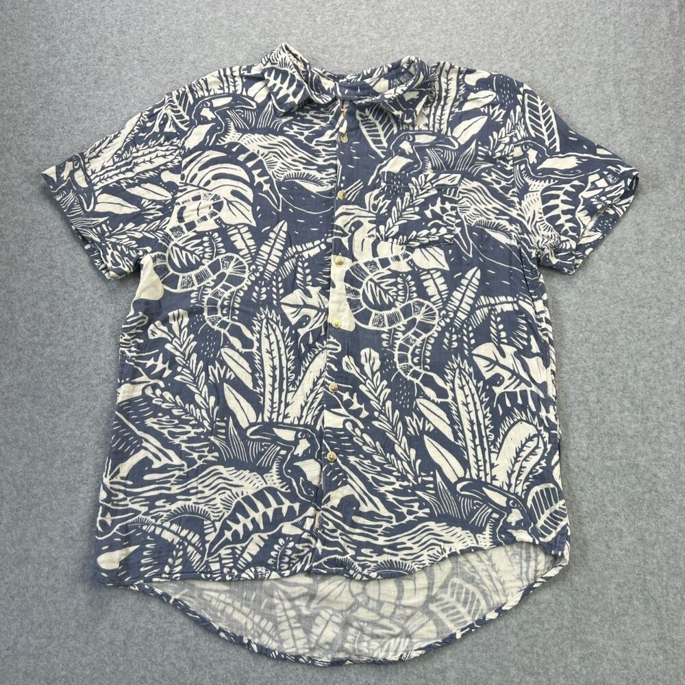Marine Layer Shirt M/L Blue Hawaiian Gauze Blue Floral Tropical Crinkle Gauze